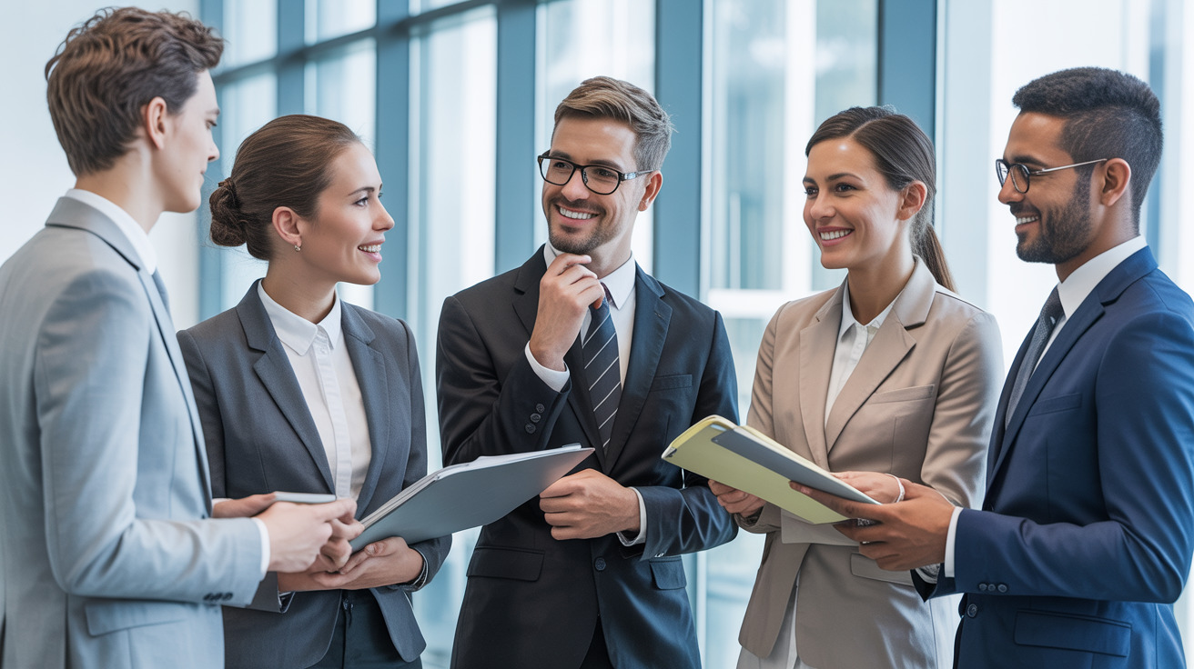 Professional accounting team collaborating in a modern office